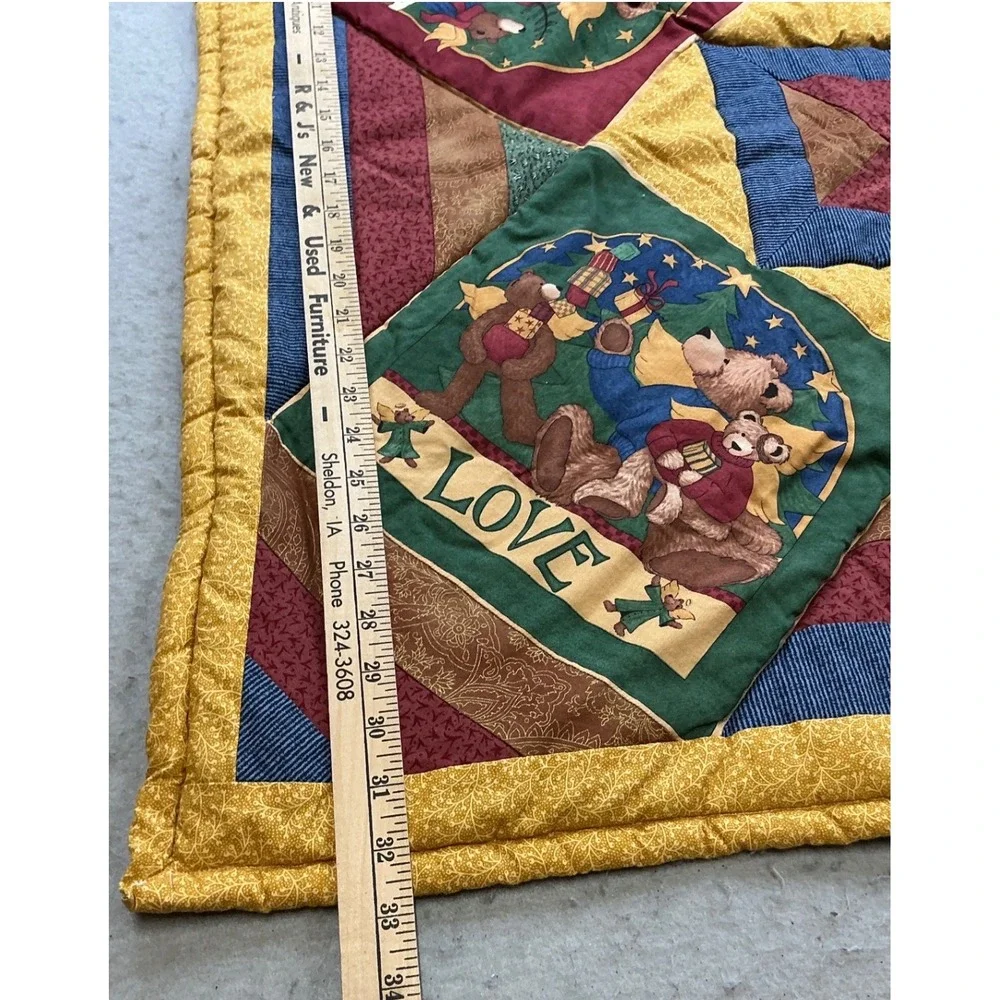 Vintage Christmas Teddy Bear Patchwork Quilt Throw Blanket Love Joy Peace 33x33